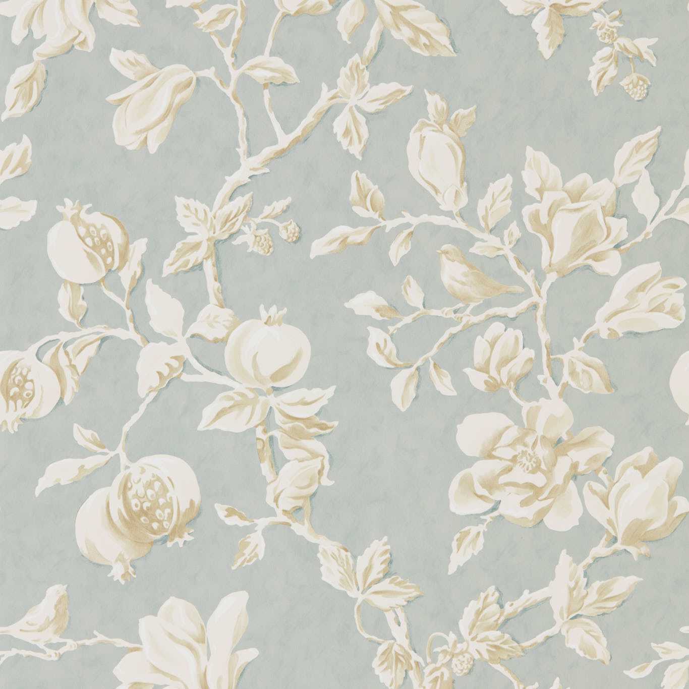 Light blue-gray wallpaper with cream botanical pattern of twisting branches and blossoms.