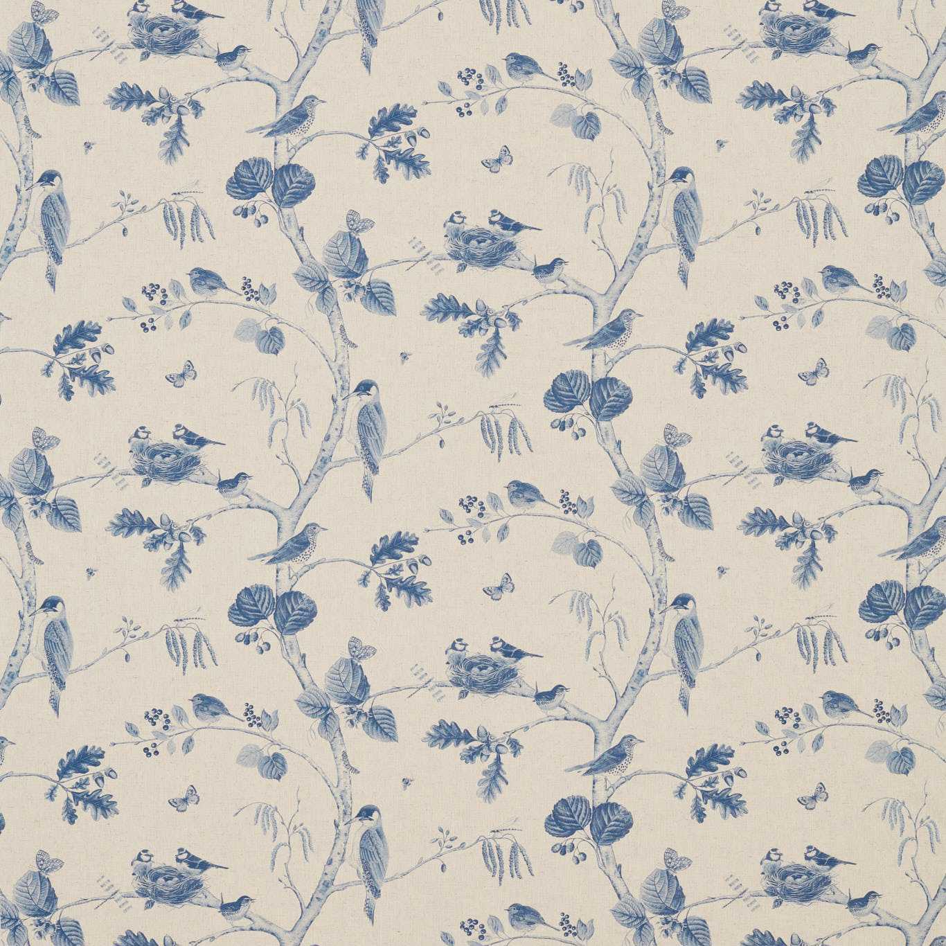 SANDERSON Woodland Chorus Fabric Birds Indigo,Linen   - DWOW225510