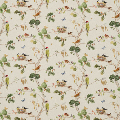 Sanderson Woodland Chorus Linen Multi fabric made of 80% viscose and 20% linen, featuring birds and botanical branches in soft neutral tones, ideal for upholstery, curtains, drapery, and cushions in classic and luxury interior design