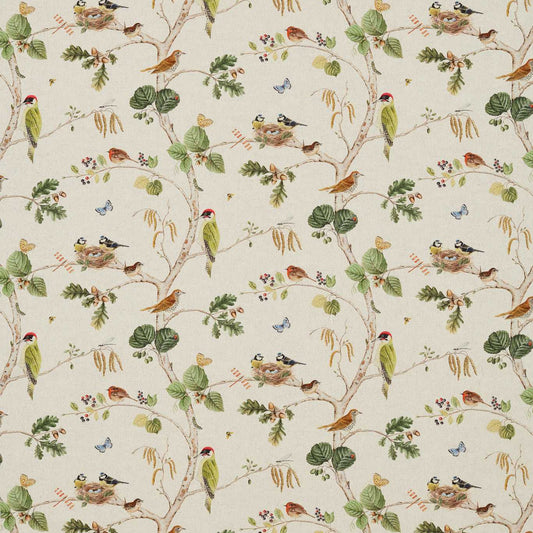 SANDERSON Woodland Chorus Fabric Birds Linen,Multi   - DWOW225511