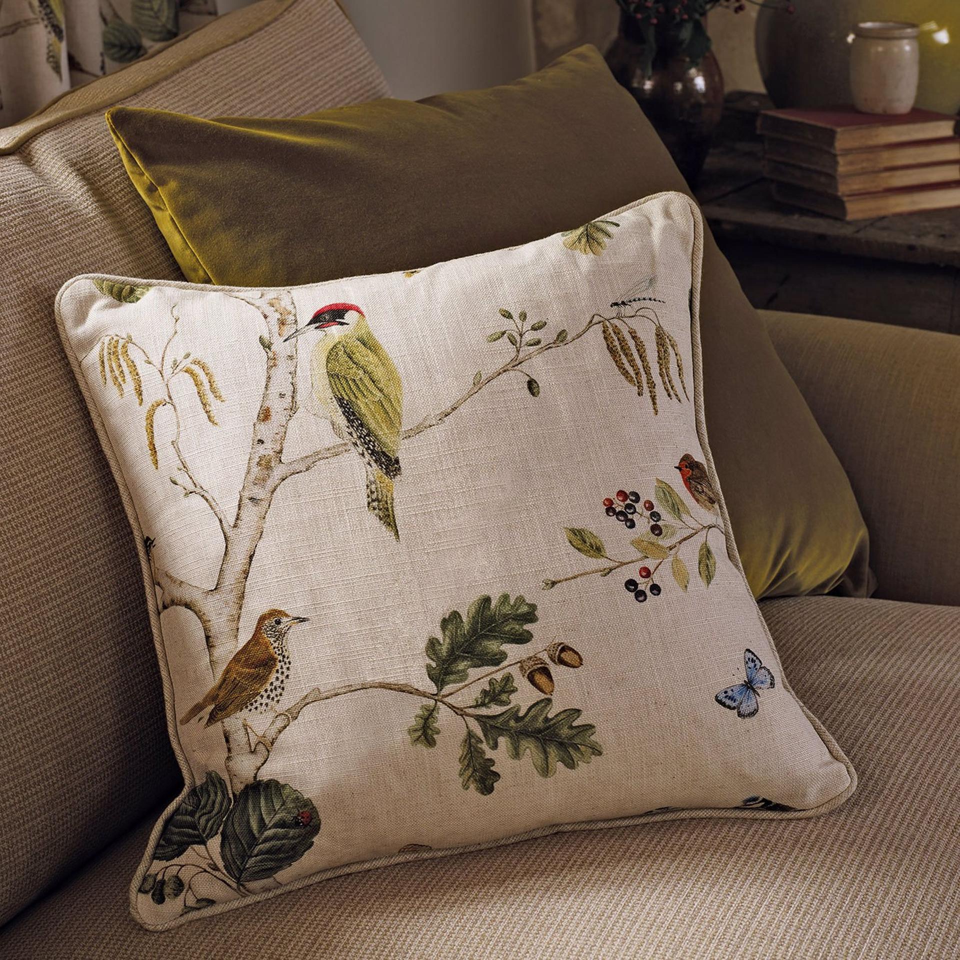 Sanderson Woodland Chorus Linen Multi fabric made of 80% viscose and 20% linen, featuring birds and botanical branches in soft neutral tones, ideal for upholstery, curtains, drapery, and cushions in classic and luxury interior design