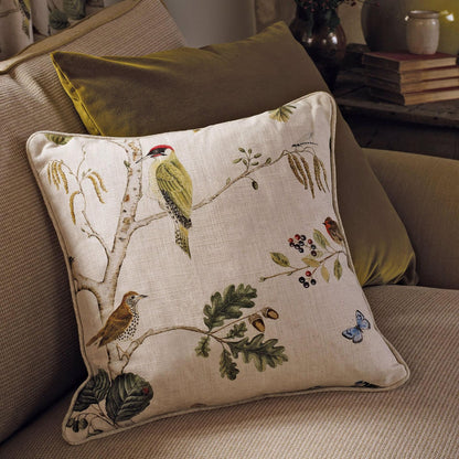 Sanderson Woodland Chorus Linen Multi fabric made of 80% viscose and 20% linen, featuring birds and botanical branches in soft neutral tones, ideal for upholstery, curtains, drapery, and cushions in classic and luxury interior design