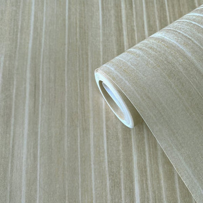 Beige and cream vertical stripe wallpaper roll, partially unrolled; subtle stripes.