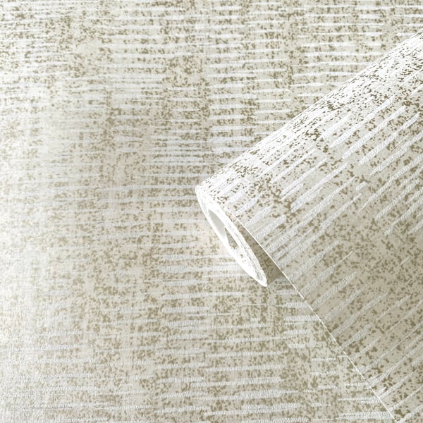 Silver grey striped shimmer wallpaper roll with a ribbed texture on a neutral surface; wallcovering.