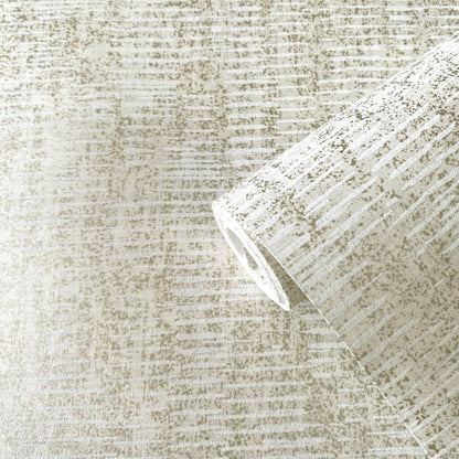 Silver grey striped shimmer wallpaper roll with a ribbed texture on a neutral surface; wallcovering.