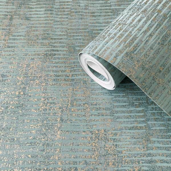Rolled green wallpaper with metallic gold linear pattern, textured finish, modern geometric design for walls.
