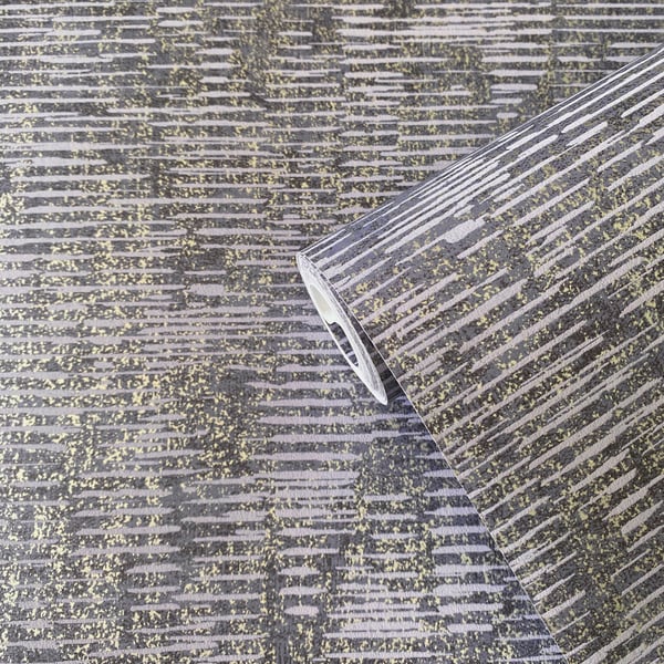 Roll of blue wallpaper with metallic gold horizontal brushed lines; partially unrolled to reveal a shimmering striped pattern.
