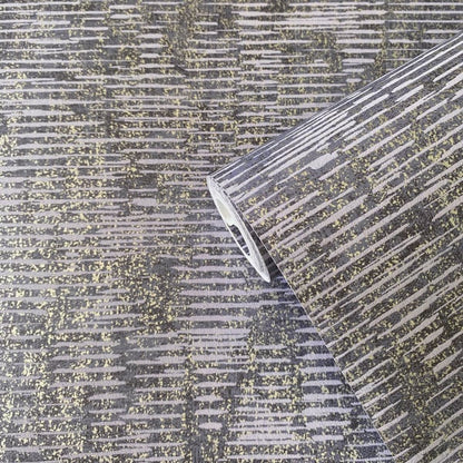 Roll of blue wallpaper with metallic gold horizontal brushed lines; partially unrolled to reveal a shimmering striped pattern.