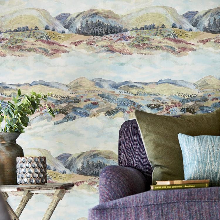 Sanderson Elysian Fig Wallpaper (DYSI216592) showing abstract, impressionist woodland‑inspired brush stroke pattern in soft muted natural tones — ideal for elegant interior walls