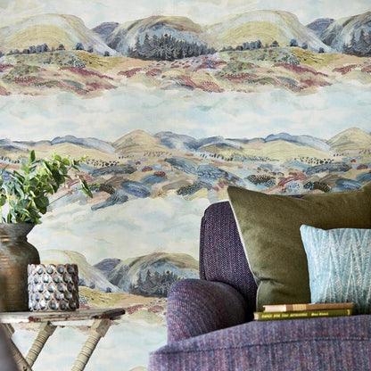 Sanderson Elysian Fig Wallpaper (DYSI216592) showing abstract, impressionist woodland‑inspired brush stroke pattern in soft muted natural tones — ideal for elegant interior walls