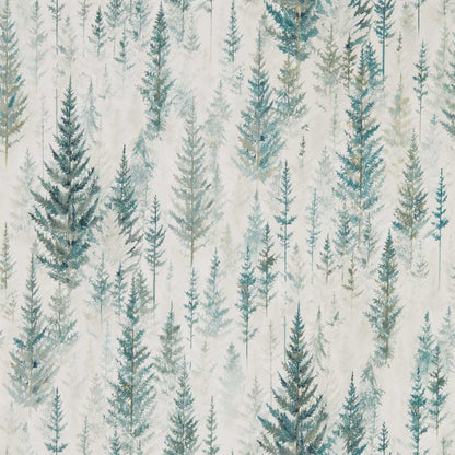 Juniper Pine Forest Sanderson wallpaper featuring misty woodland design with pine trees, Japanese watercolor inspired style, green nature wallpaper for feature wall, calming luxury interior décor