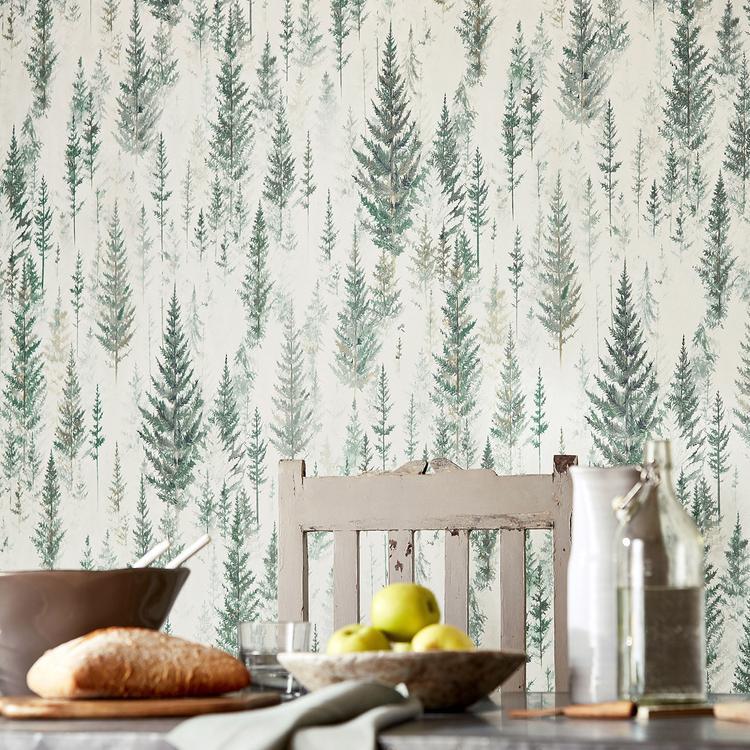 Juniper Pine Forest Sanderson wallpaper featuring misty woodland design with pine trees, Japanese watercolor inspired style, green nature wallpaper for feature wall, calming luxury interior décor