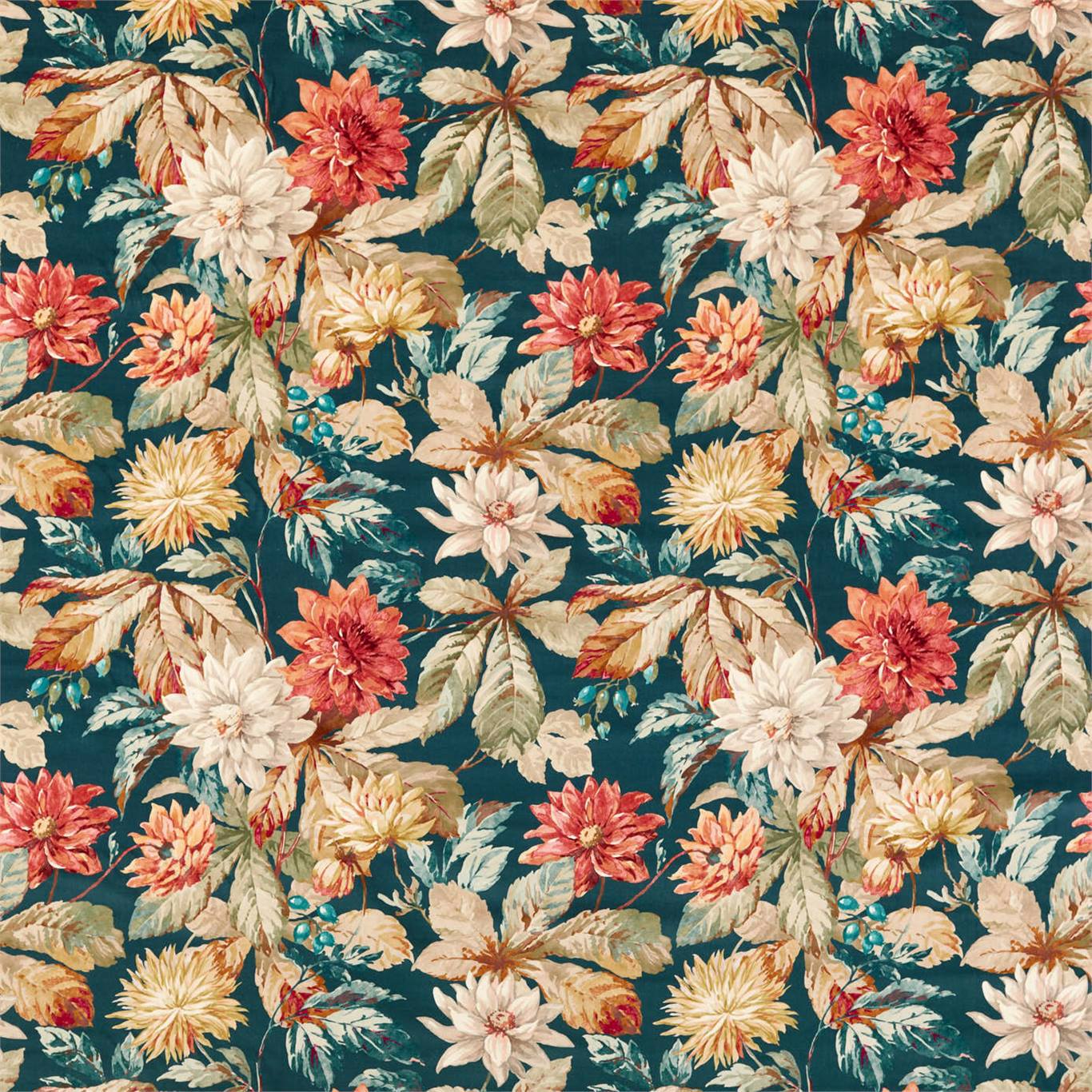 SANDERSON Dahlia & Rosehip (Velvet) Fabric Classic Floral Teal,Russet   - DYSI226533