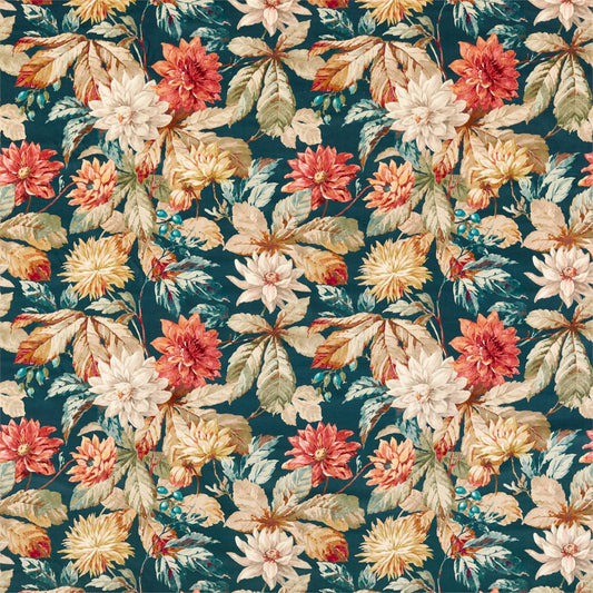 SANDERSON Dahlia & Rosehip (Velvet) Fabric Classic Floral Teal,Russet   - DYSI226533