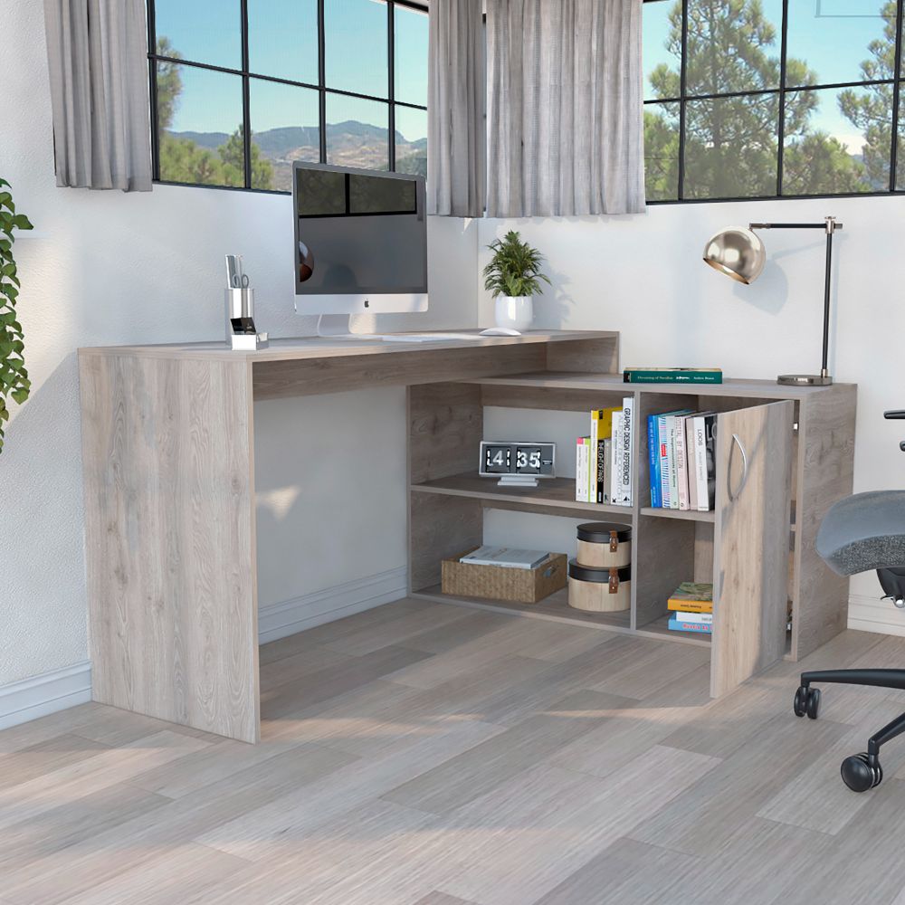 L-Shaped Desk Desti, Single Door Cabinet, Light Gray Finish