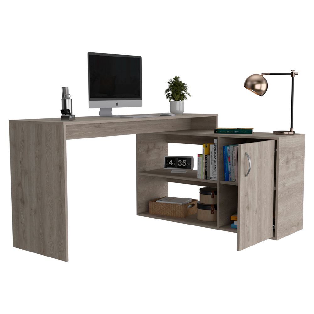 L-Shaped Desk Desti, Single Door Cabinet, Light Gray Finish