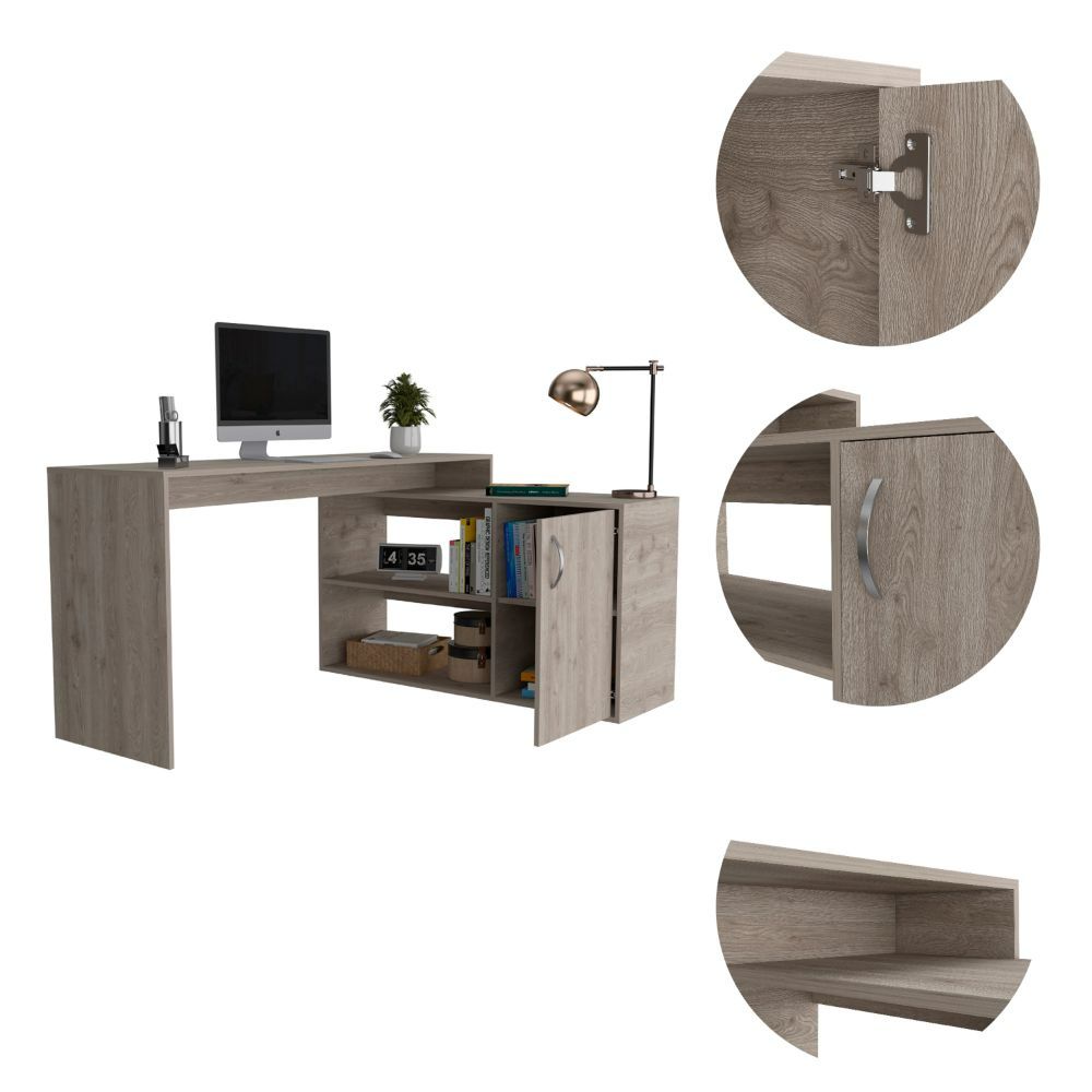 L-Shaped Desk Desti, Single Door Cabinet, Light Gray Finish