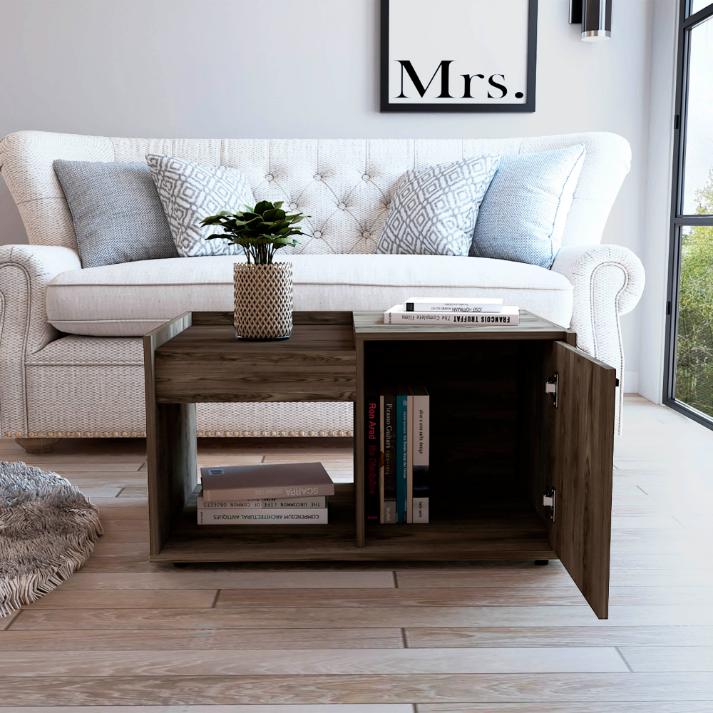 Dext Coffee Table, Single Door Cabinet, One Open Shelf, Dark Walnut