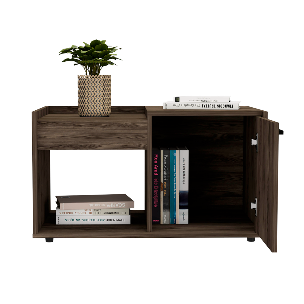 Dext Coffee Table, Single Door Cabinet, One Open Shelf, Dark Walnut