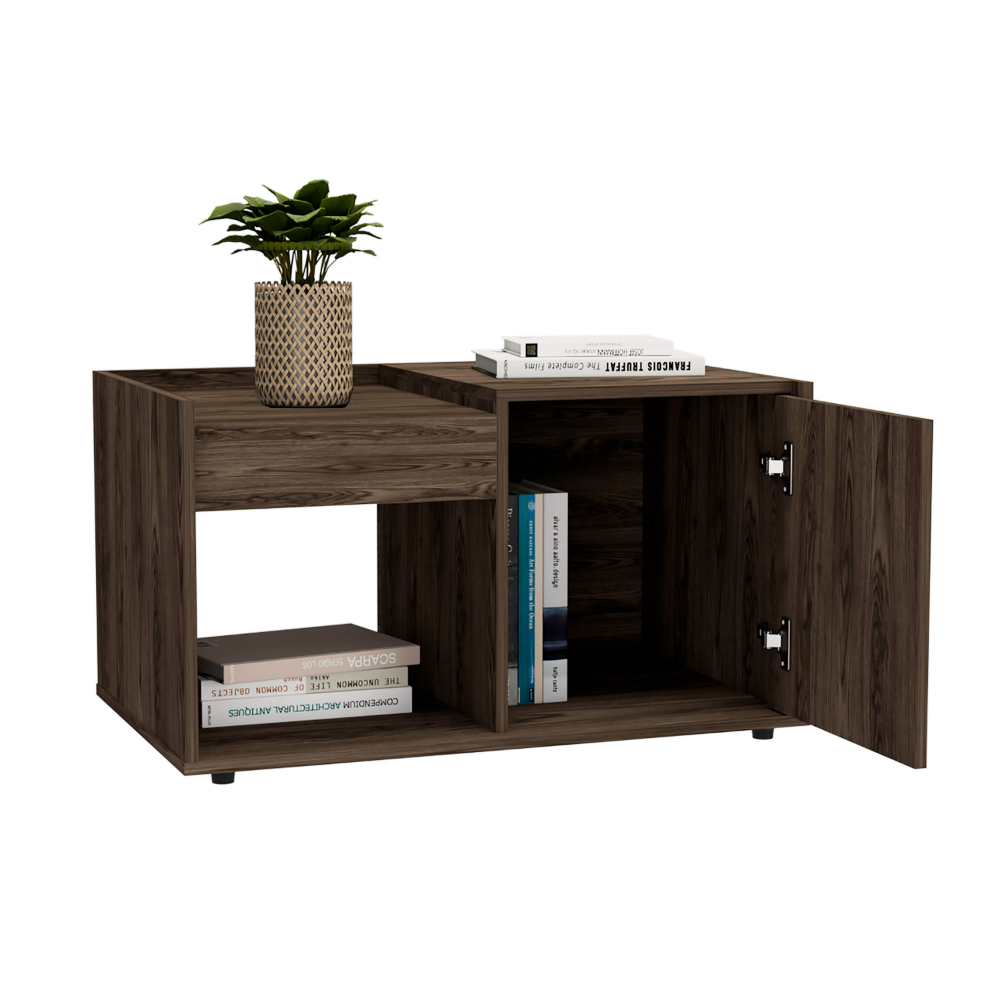 Dext Coffee Table, Single Door Cabinet, One Open Shelf, Dark Walnut