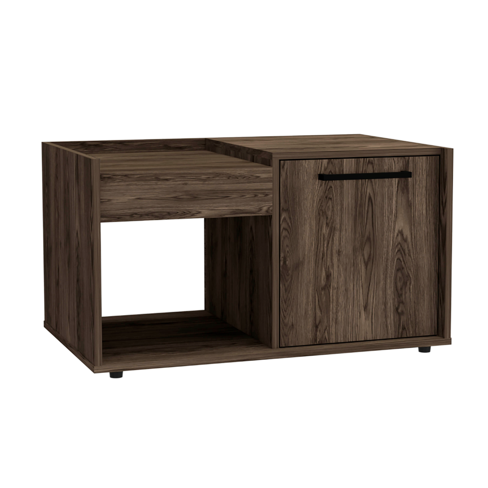 Dext Coffee Table, Single Door Cabinet, One Open Shelf, Dark Walnut