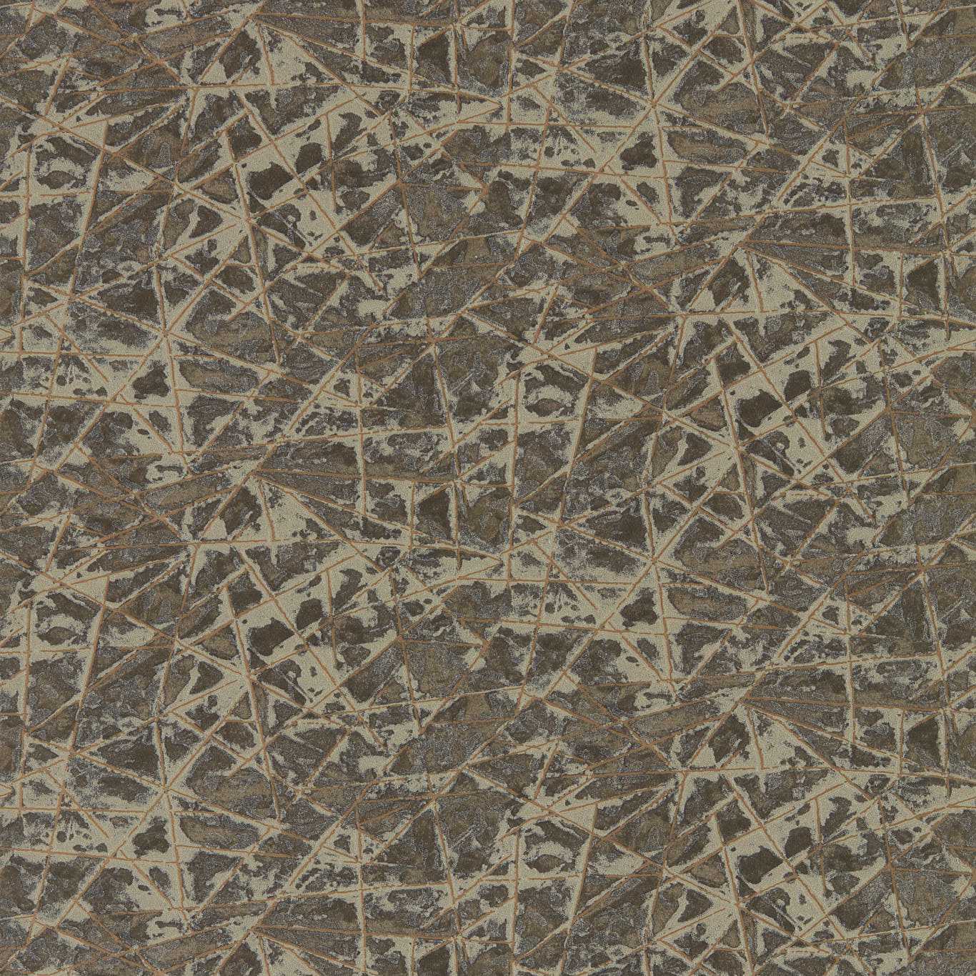 Close-up of dark wallpaper featuring an abstract, shattered geometric pattern in metallic gold and zinc tones.