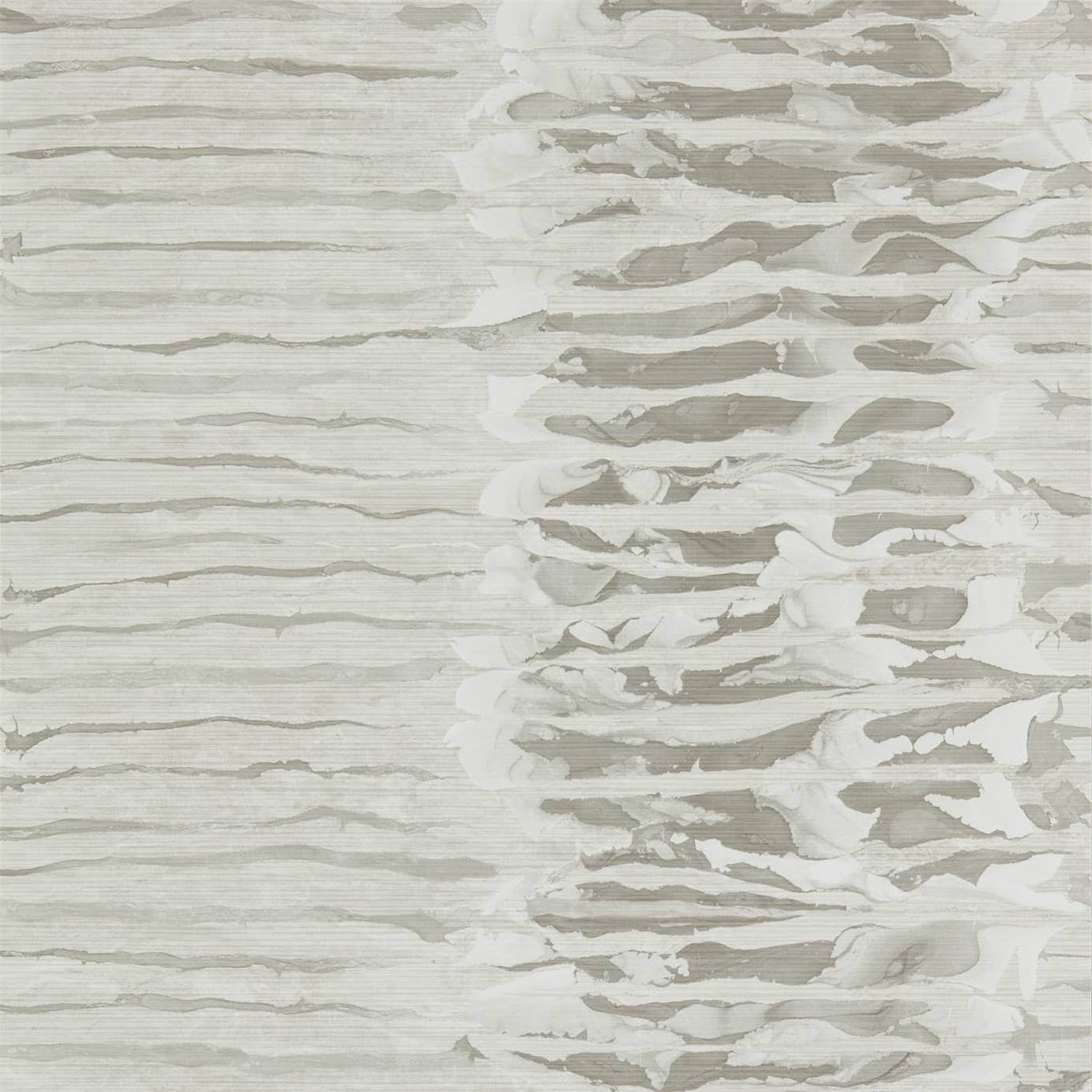 Neutral gray and ivory abstract wallpaper pattern with horizontal, wavy stripes resembling weathered wood grain.