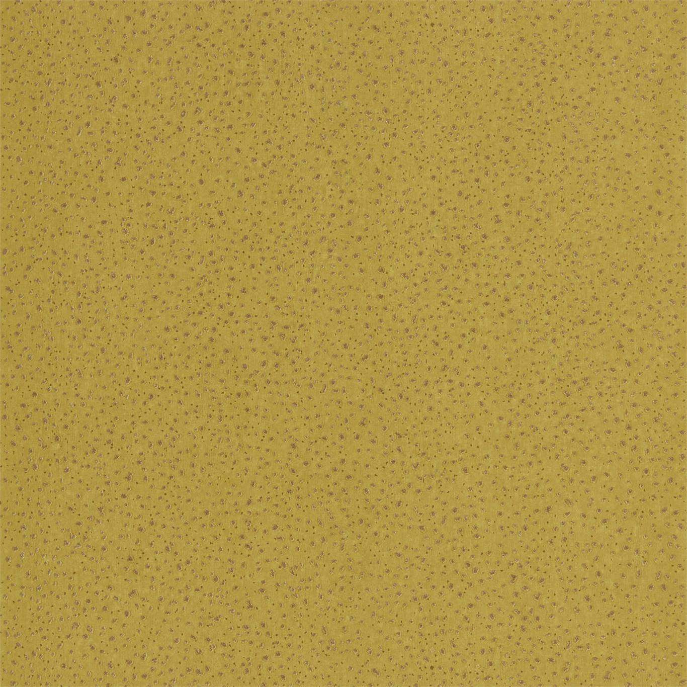 Mustard-yellow speckled wallpaper swatch with citrus pattern, wide-width printed wallpaper sample.