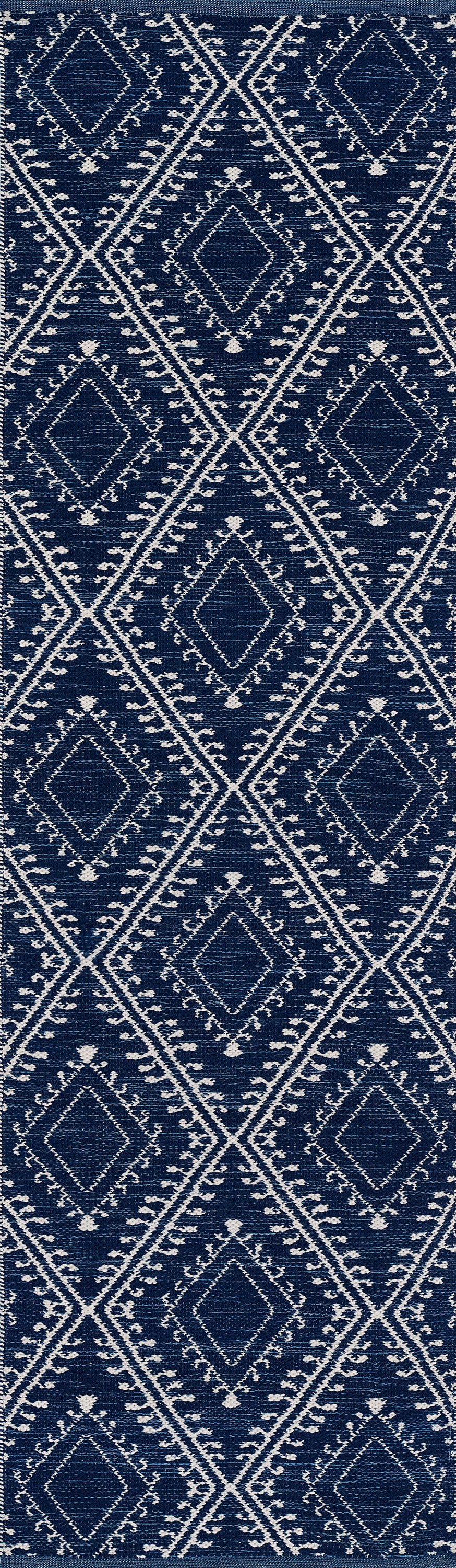Indigo blue rug with a white diamond lattice geometric pattern; 5' x 8' area rug.