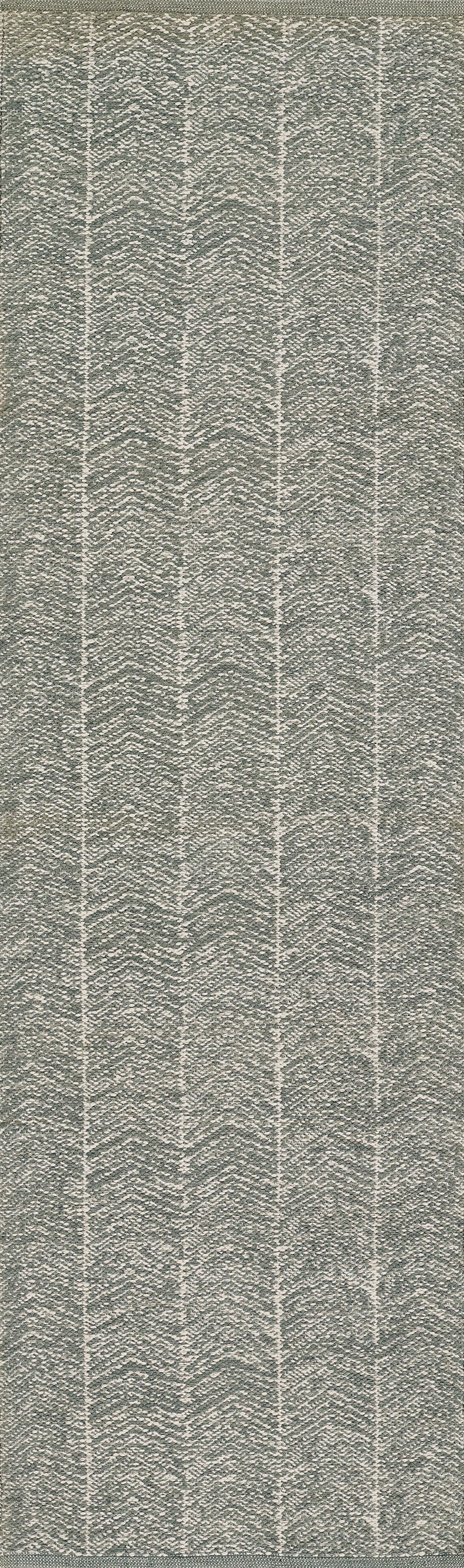 Grey textured woven rug with a repeating vertical chevron/herringbone pattern.