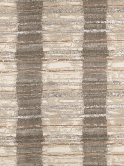 Woven fabric with muted gray vertical stripes on beige background; textured, contemporary abstract pattern.