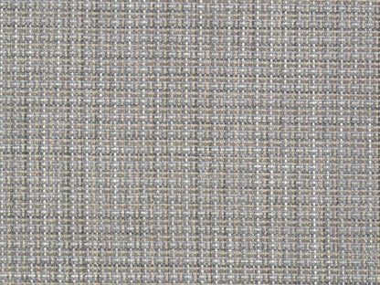 Woven plaid tweed fabric in gray, beige and blue tones with a subtle crosshatch pattern.