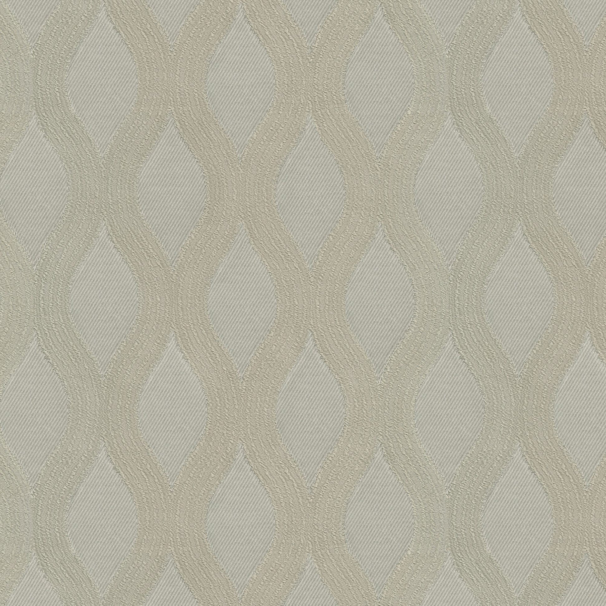 Beige damask-style jacquard fabric with a raised interlocking diamond/leaf pattern on a neutral background.