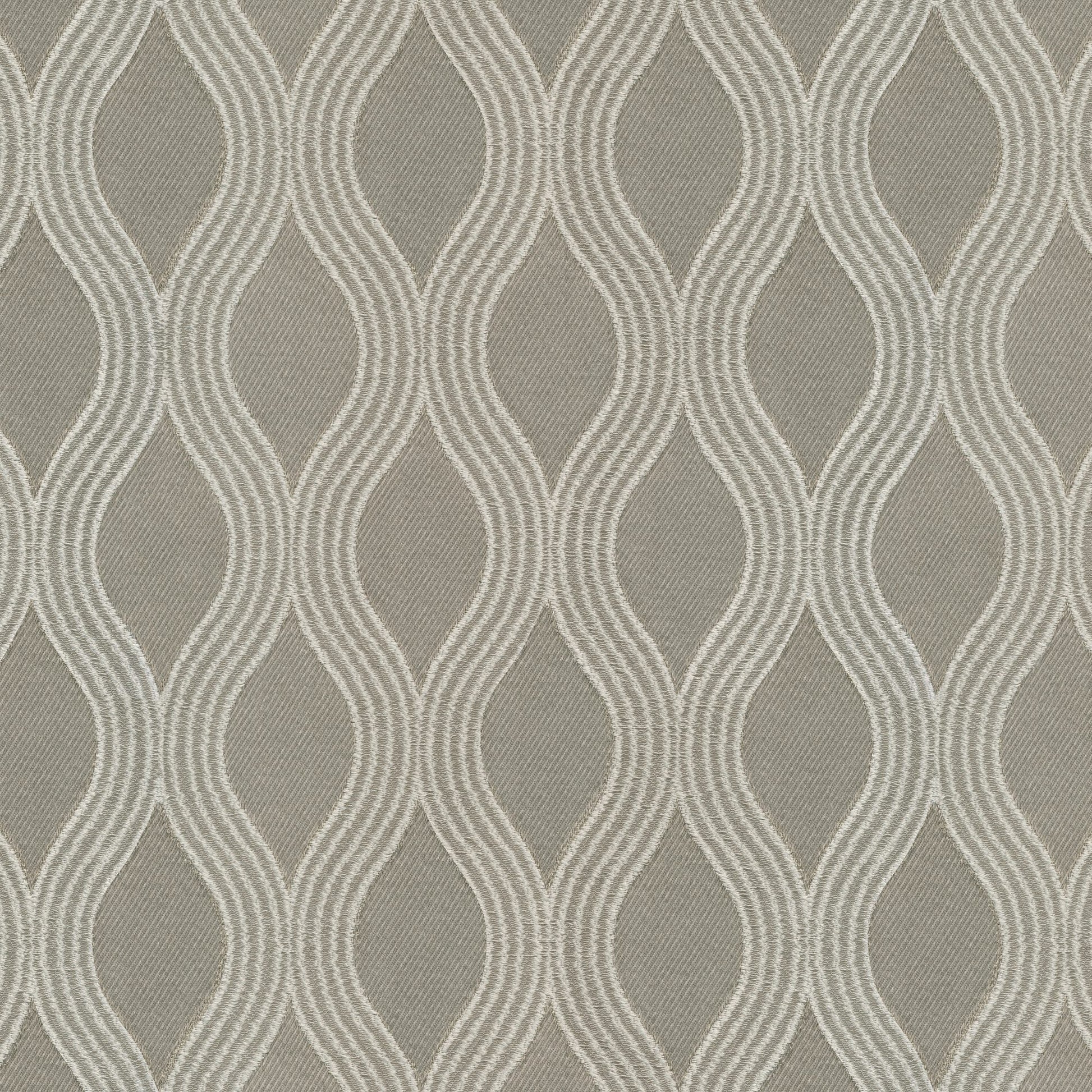 Taupe upholstery fabric with a scroll and ogee jacquard pattern; textured woven look.