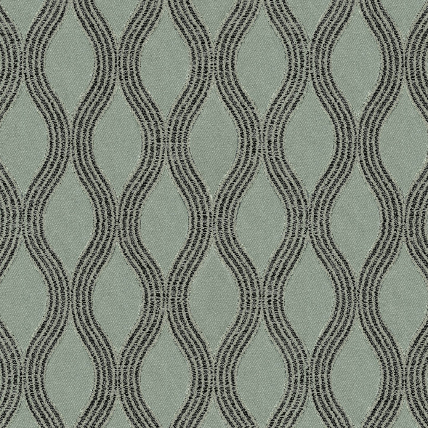 Grey and silver jacquard fabric with scroll/ogee damask pattern; versatile upholstery or drapery textile.