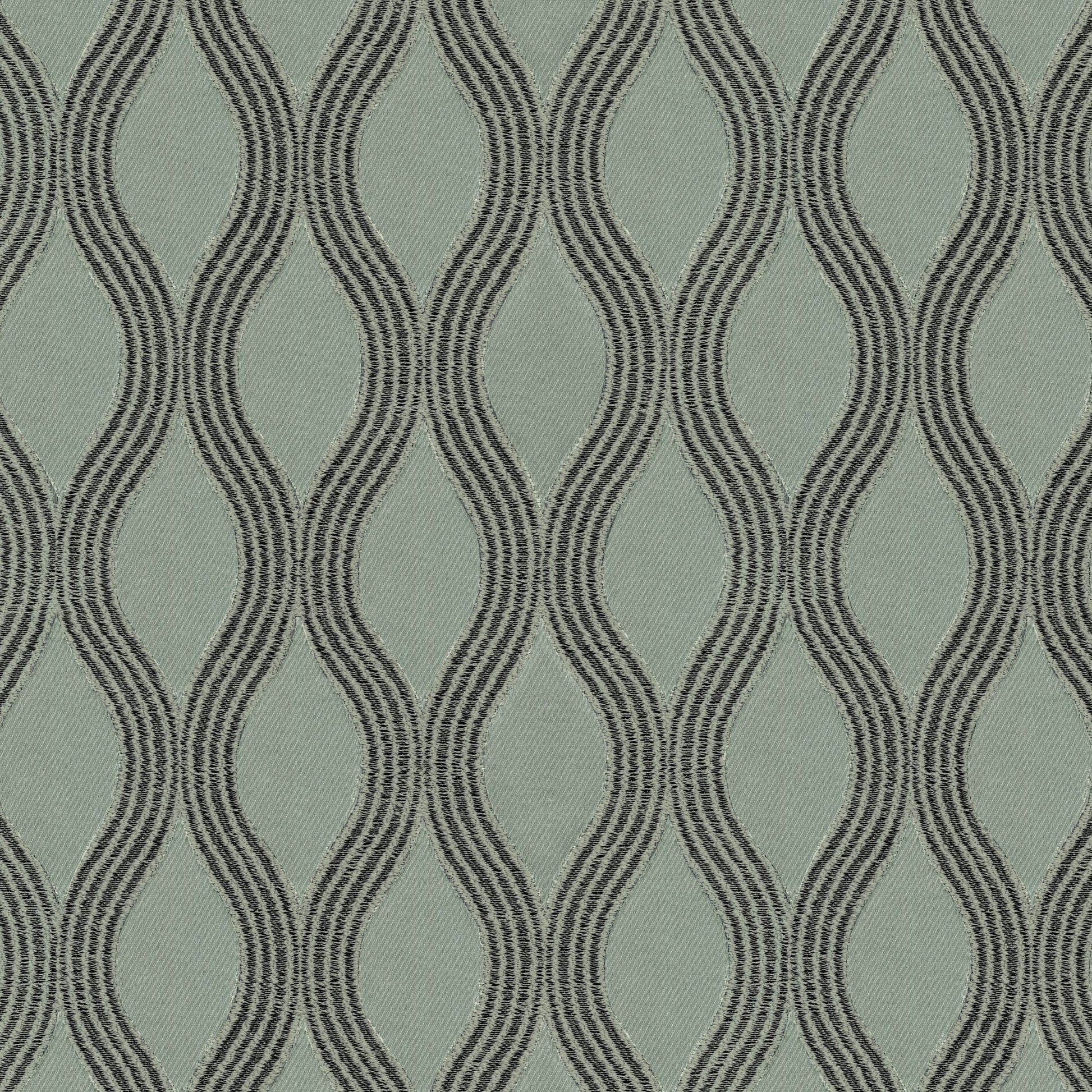 Grey and silver jacquard fabric with scroll/ogee damask pattern; versatile upholstery or drapery textile.