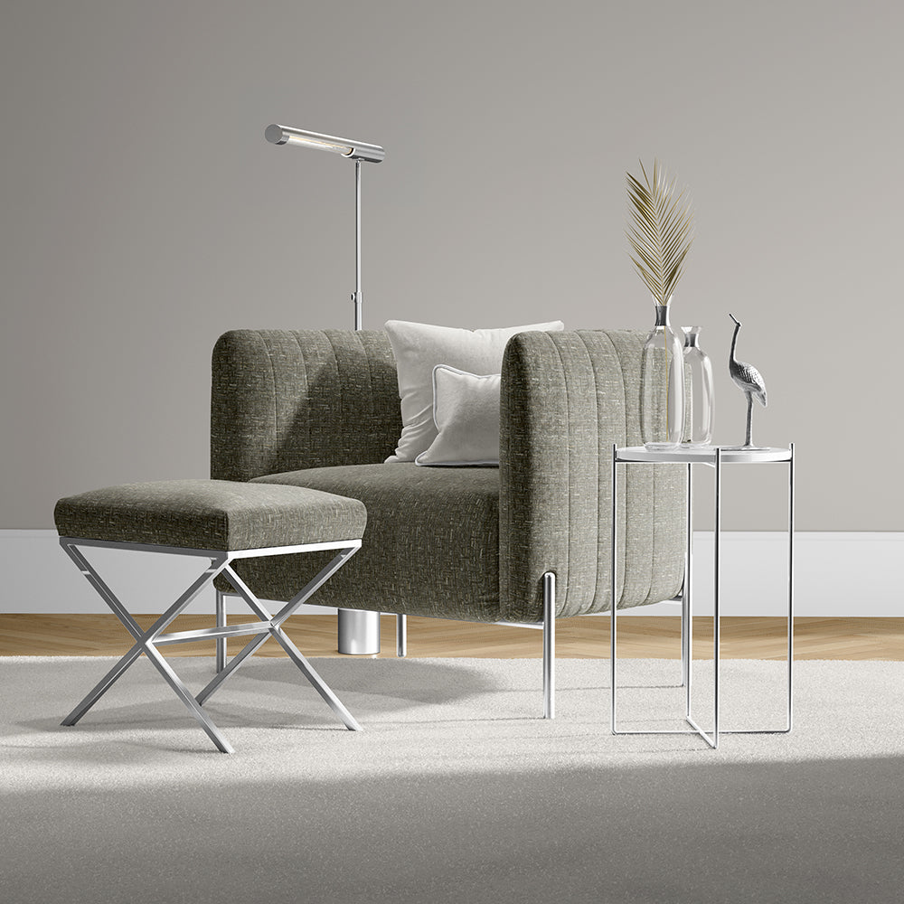Mushroom solid fabric with a textured weave, shown in a modern living room setting with glass side tables.