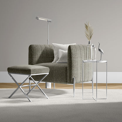Mushroom solid fabric with a textured weave, shown in a modern living room setting with glass side tables.