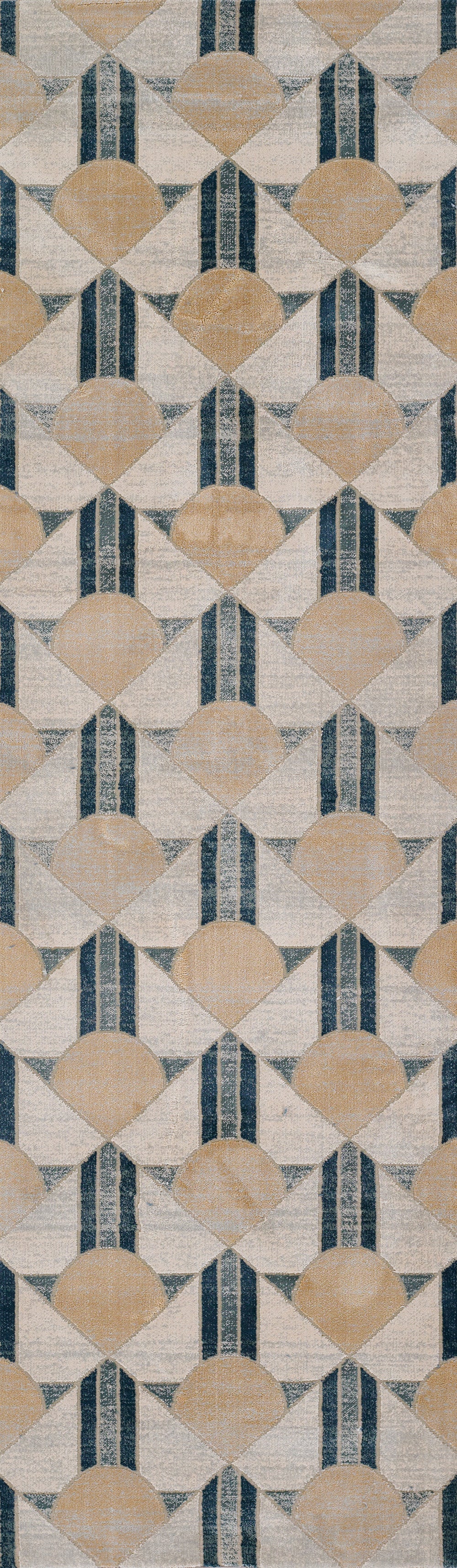 Blue and beige geometric rug with semicircle motifs and navy stripes in a repeating pattern.
