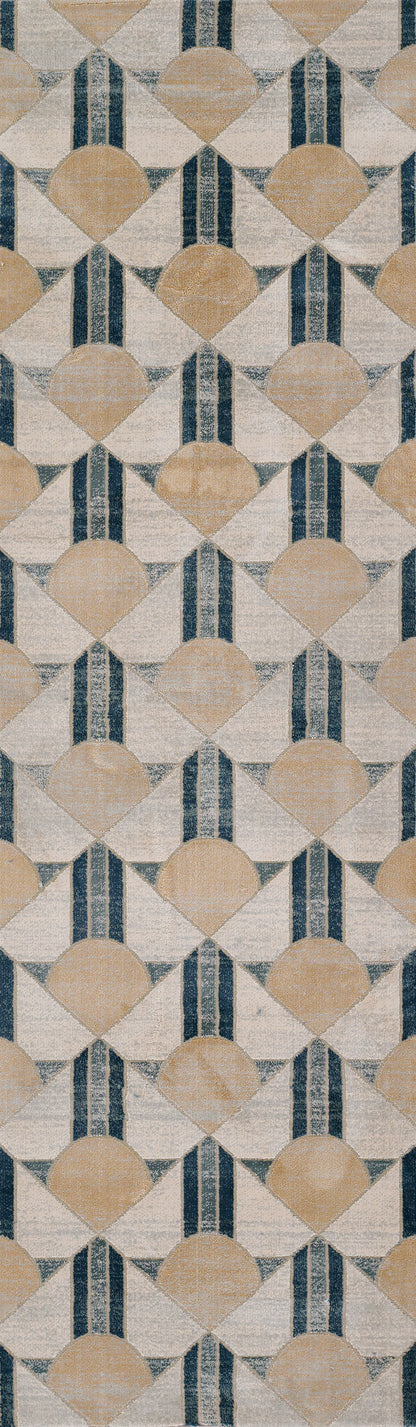 Blue and beige geometric rug with semicircle motifs and navy stripes in a repeating pattern.