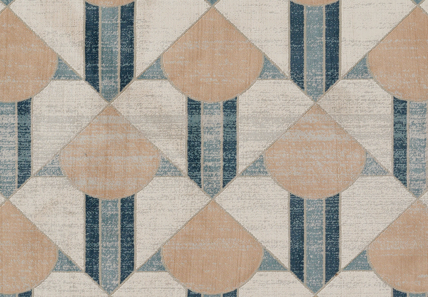 Geometric rug with beige diamonds, peach shapes, and navy vertical stripes; distressed textile look.