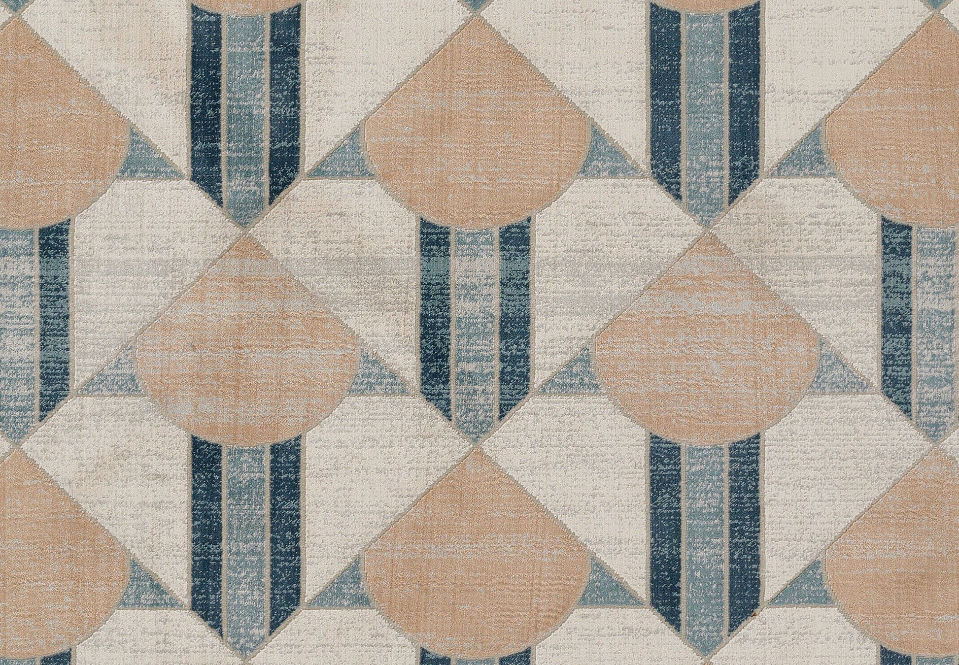 Geometric rug with beige diamonds, peach shapes, and navy vertical stripes; distressed textile look.