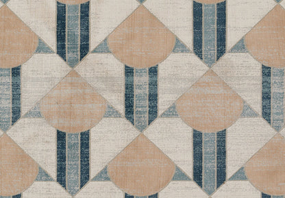 Geometric rug with beige diamonds, peach shapes, and navy vertical stripes; distressed textile look.