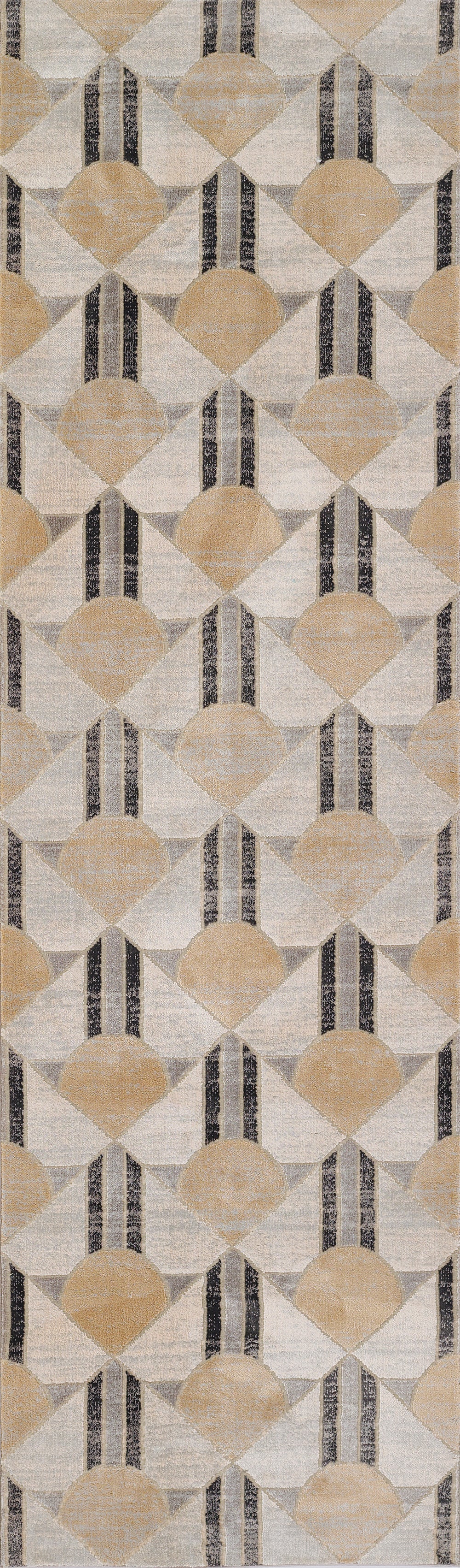 Geometric beige and black rug with semicircles and diamonds in a repeating motif.