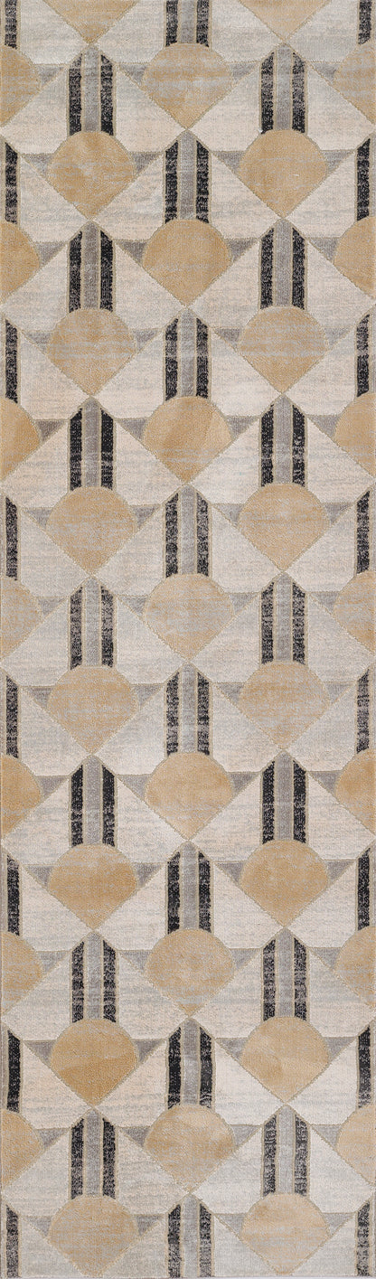 Geometric beige and black rug with semicircles and diamonds in a repeating motif.