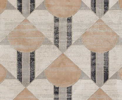 Geometric area rug with peach teardrop shapes, cream-gray diamonds and dark vertical stripes, mid-century modern style.