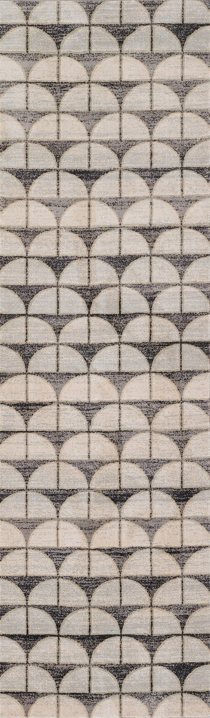 Geometric textile with interlocking half-circle scallop motif in beige and gray.