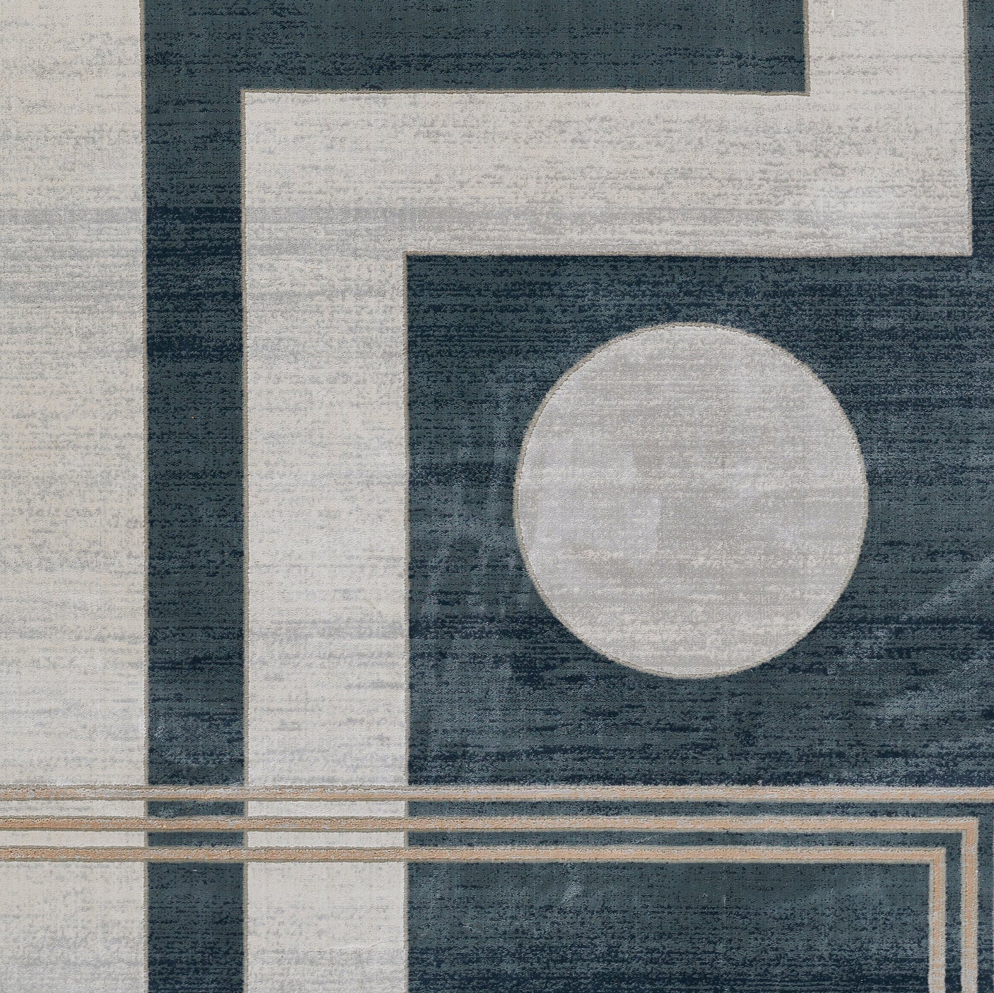 Abstract geometric rug in navy and ivory with a large circle motif and stepped rectangular borders, modern decor.