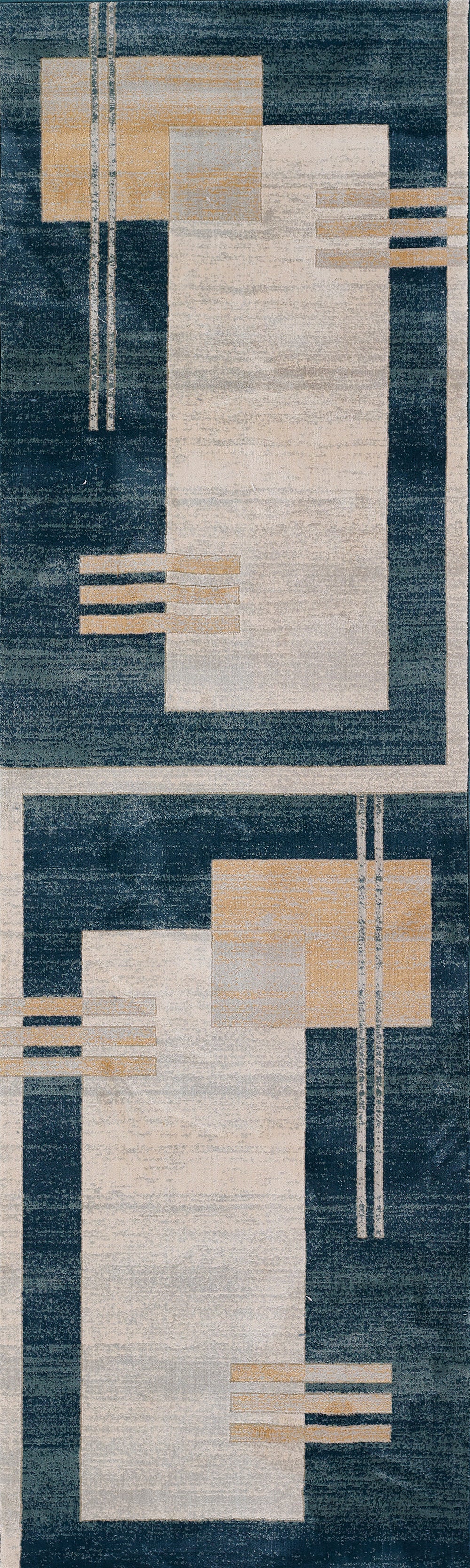 Modern abstract rug with deep blue field, beige and peach rectangles and subtle vertical lines.