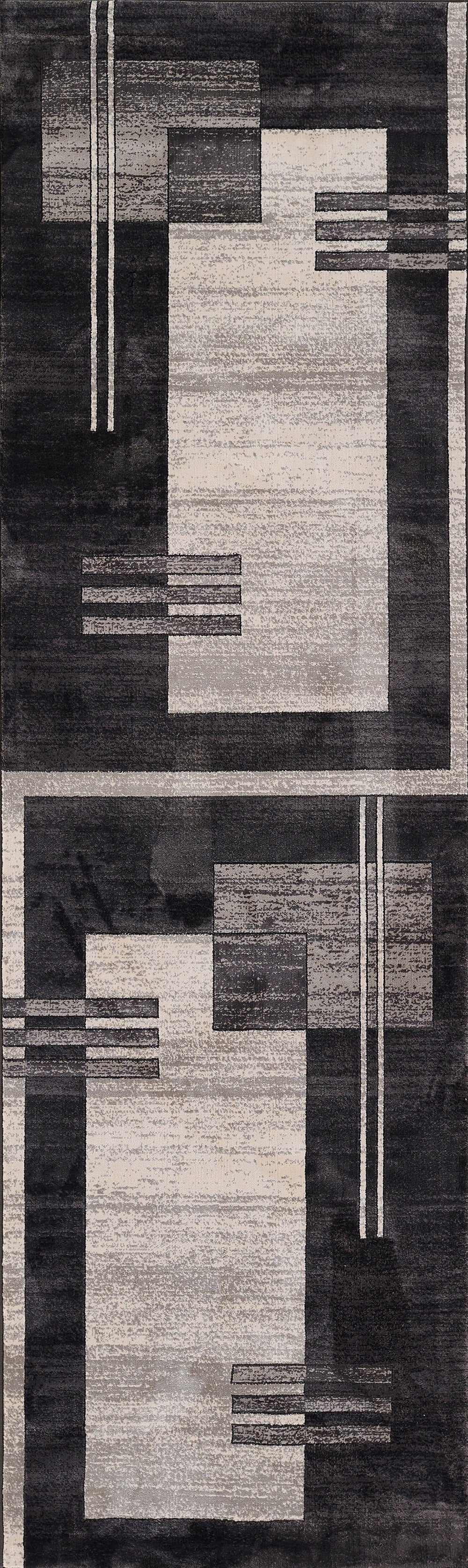 Modern abstract runner rug: black charcoal background with beige geometric blocks and thin lines, 2' x 3'.